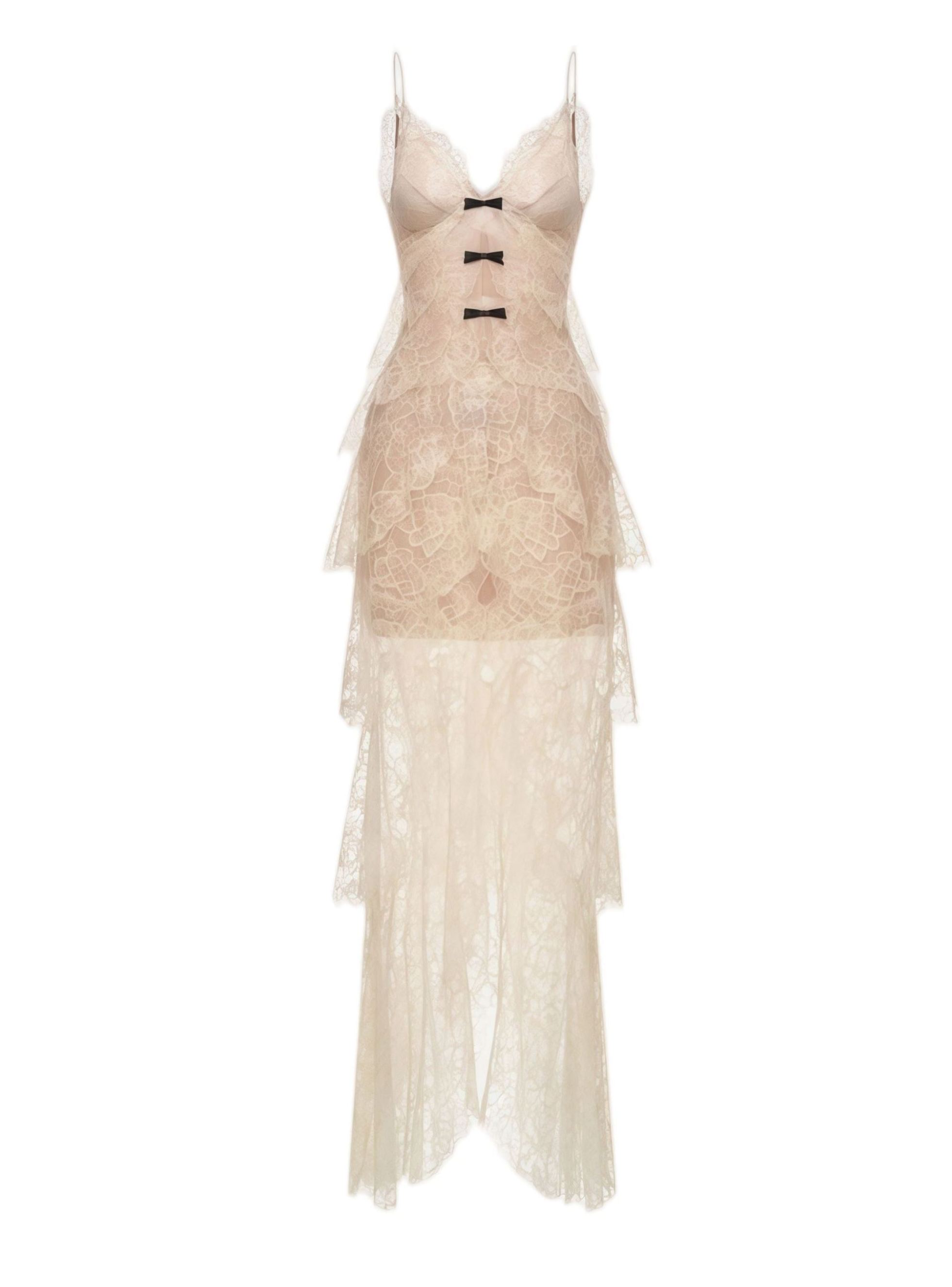 Evangeline Cream Layered Floral Lace Maxi Dress with Bow