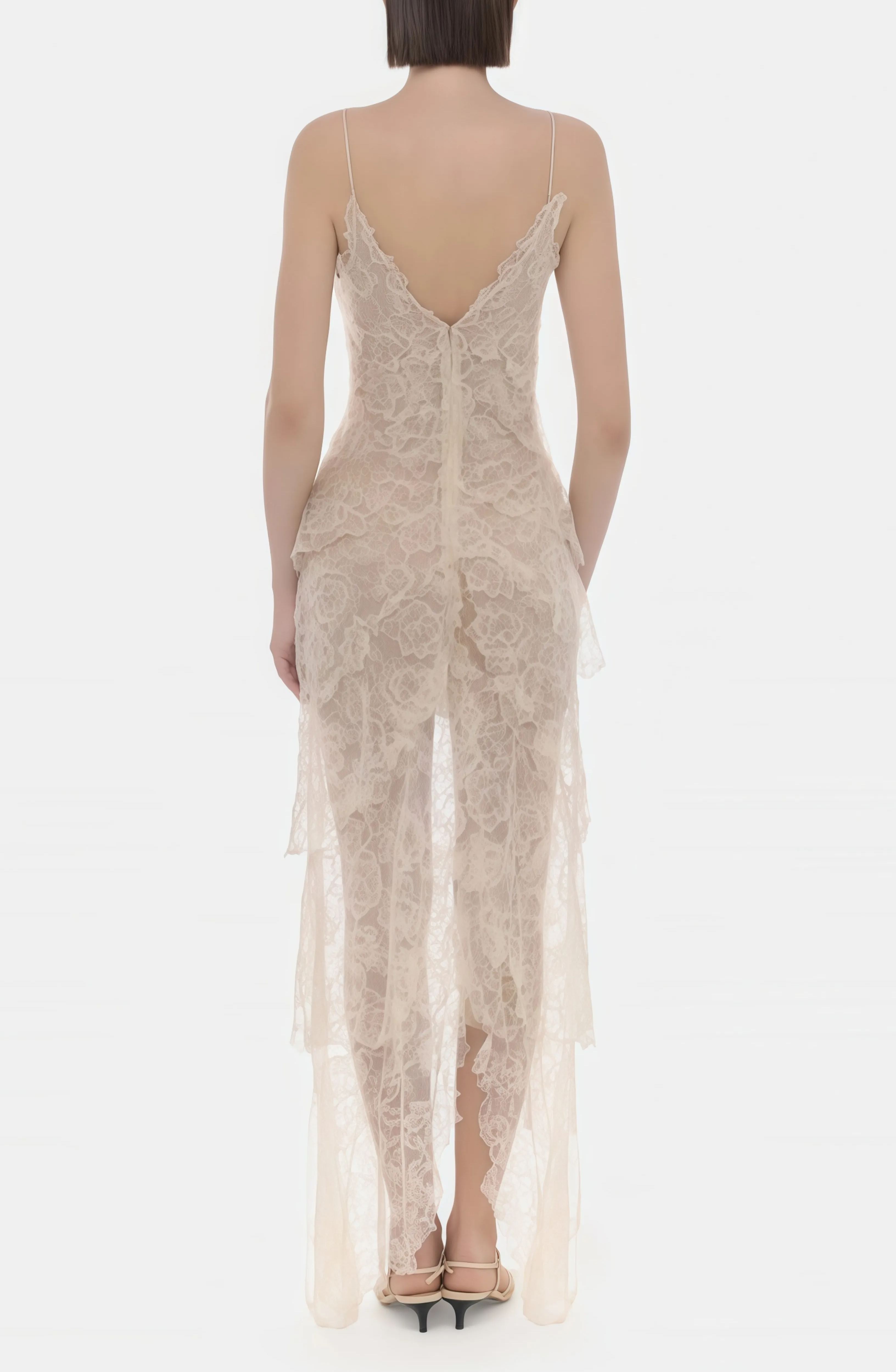 Evangeline Cream Layered Floral Lace Maxi Dress with Bow