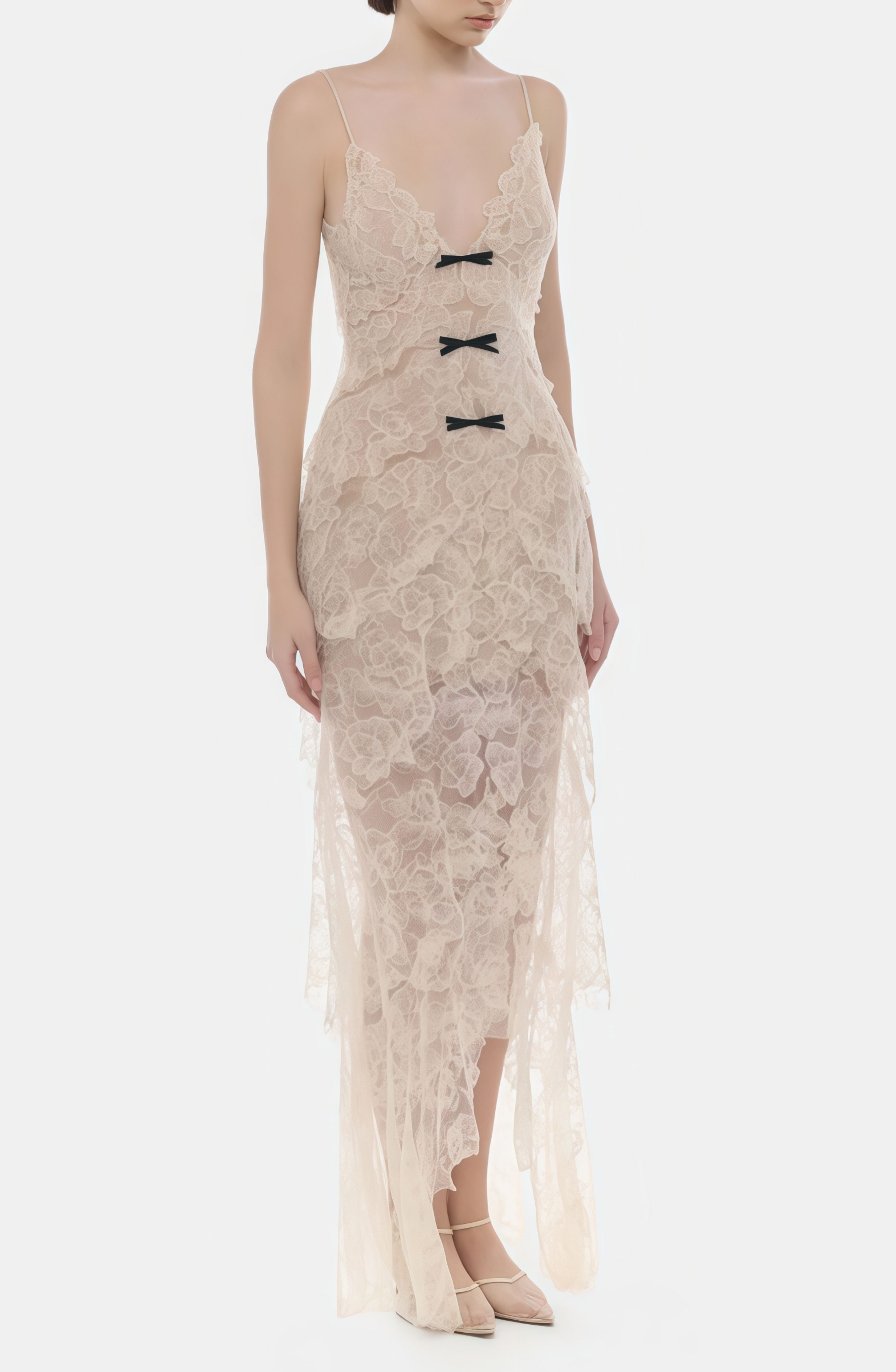 Evangeline Cream Layered Floral Lace Maxi Dress with Bow