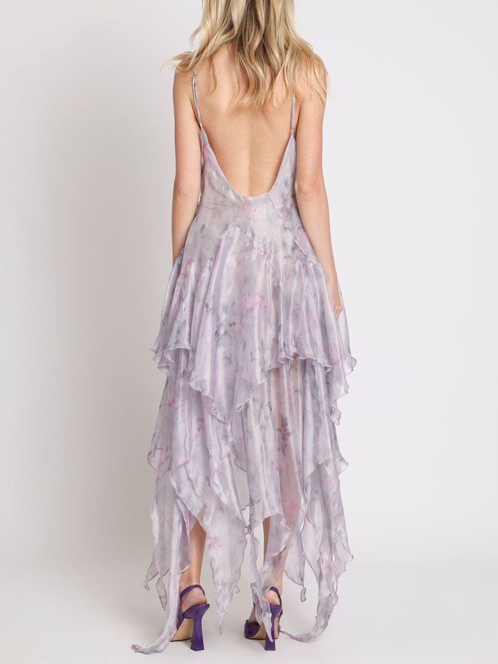 Lunetta Lace Trim Tiered Asymmetrical Hem Maxi Slip Dress