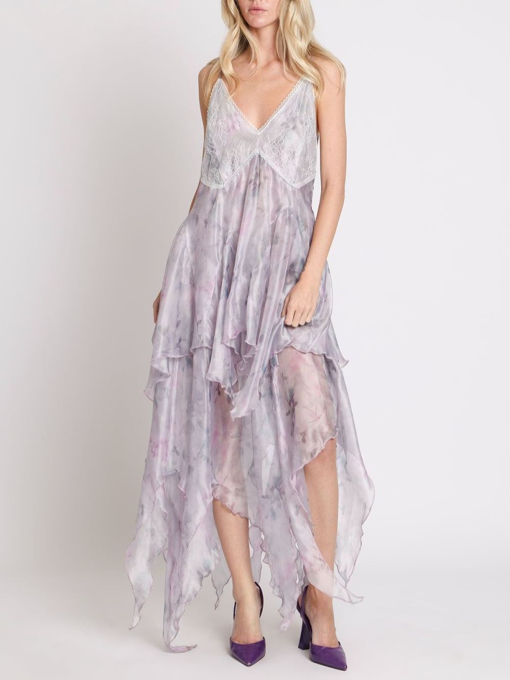 Lunetta Lace Trim Tiered Asymmetrical Hem Maxi Slip Dress