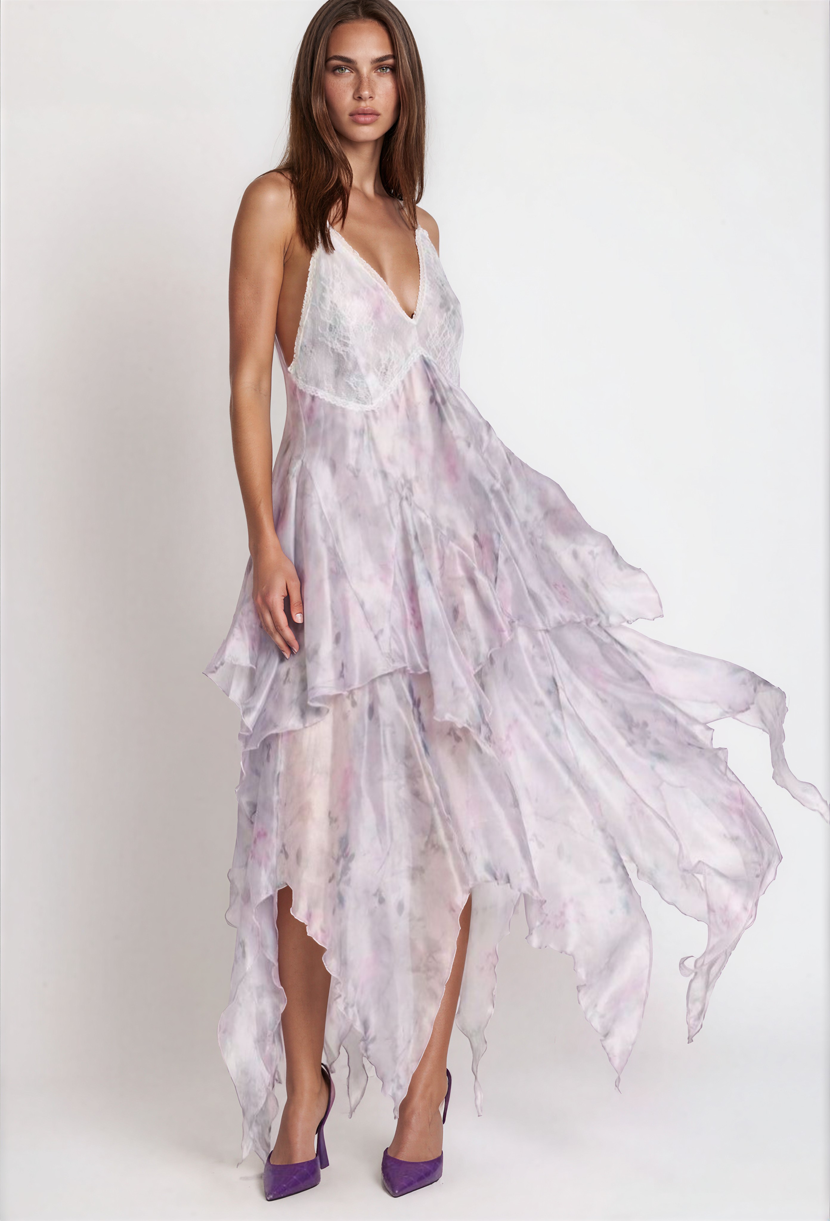 Lunetta Lace Trim Tiered Asymmetrical Hem Maxi Slip Dress