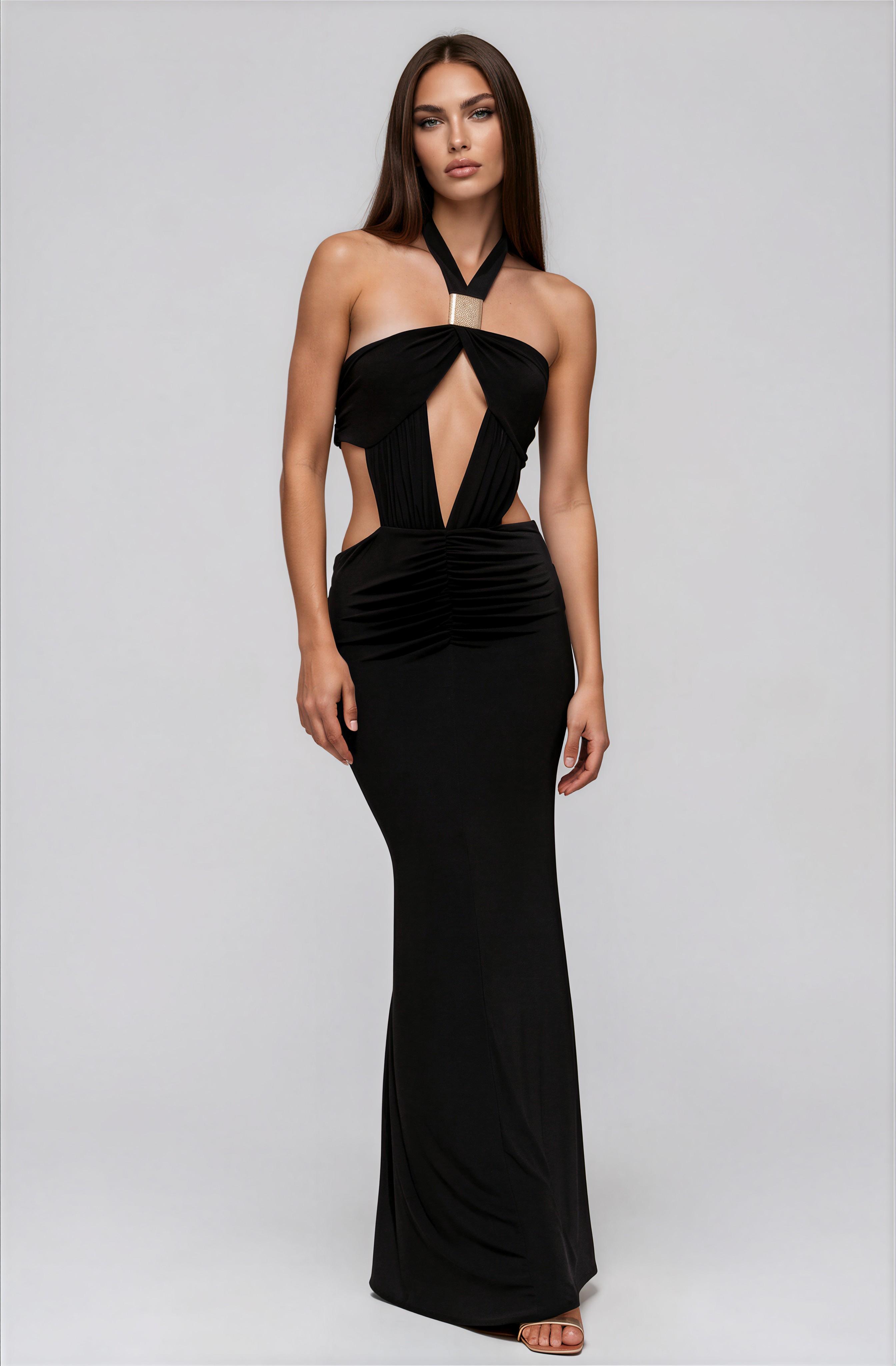 Flavie Black Halter-Neck Cut-Out Maxi Dress