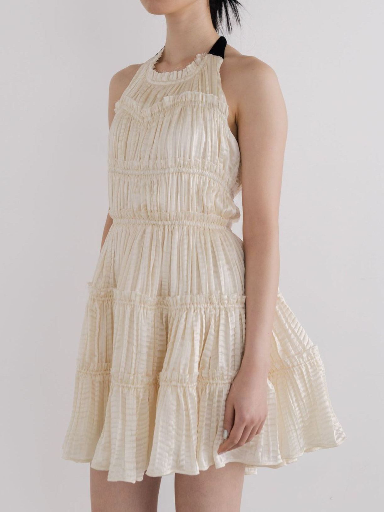 Cadogan Heather Cream Halter Tiered Mini Dress