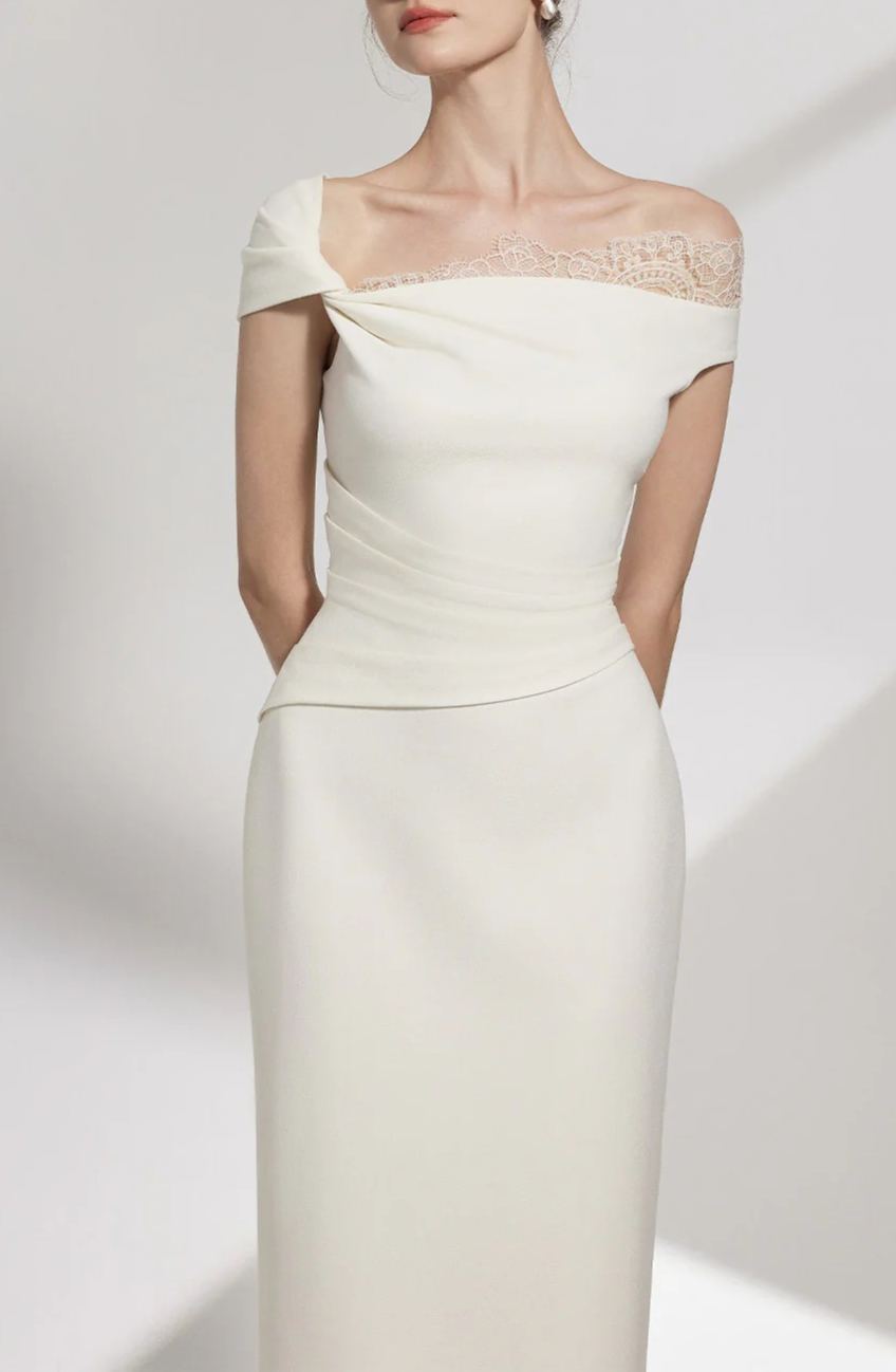 Rojolmo White One Shoulder Midi Dress with Lace Panels