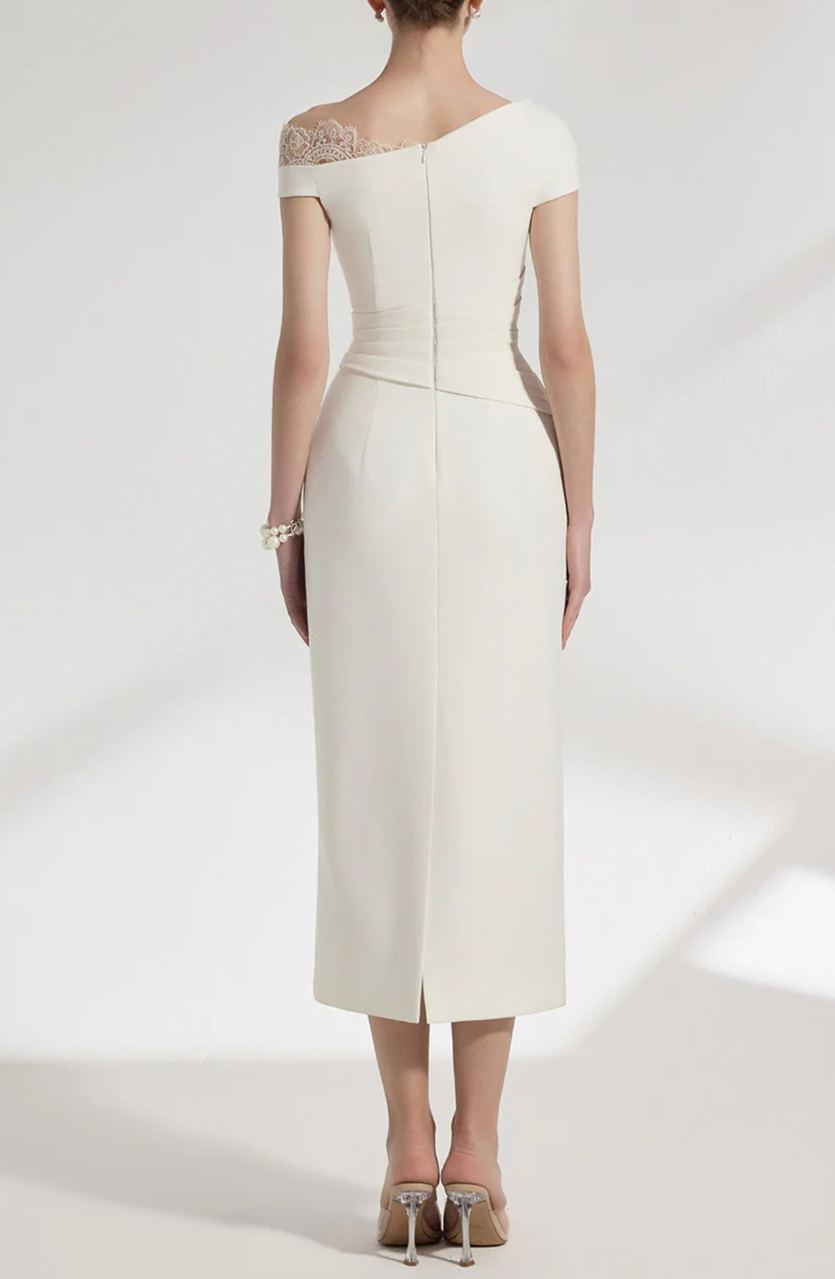Rojolmo White One Shoulder Midi Dress with Lace Panels