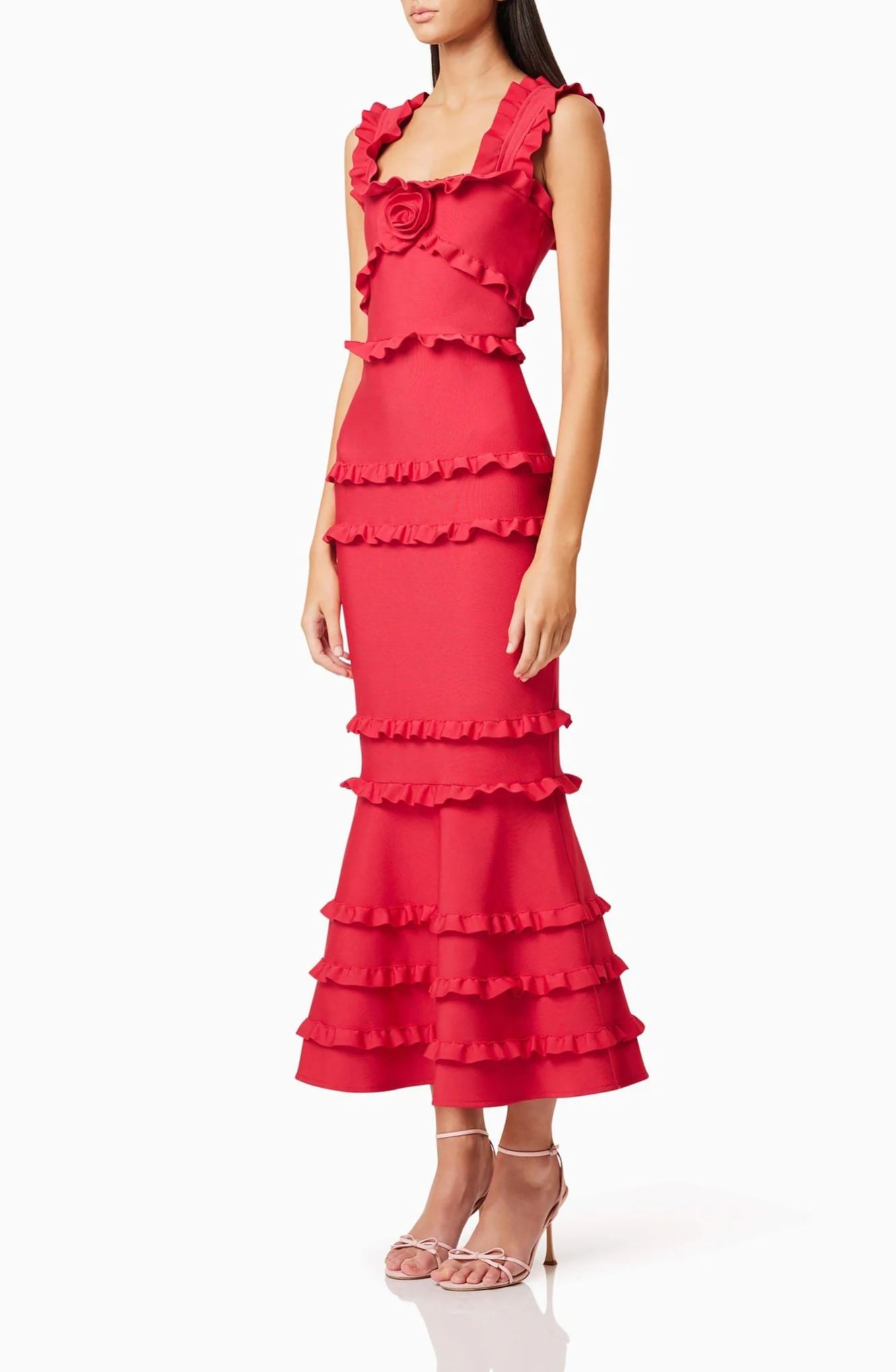 Saschaka Ruffle Flower Maxi Dress In Red
