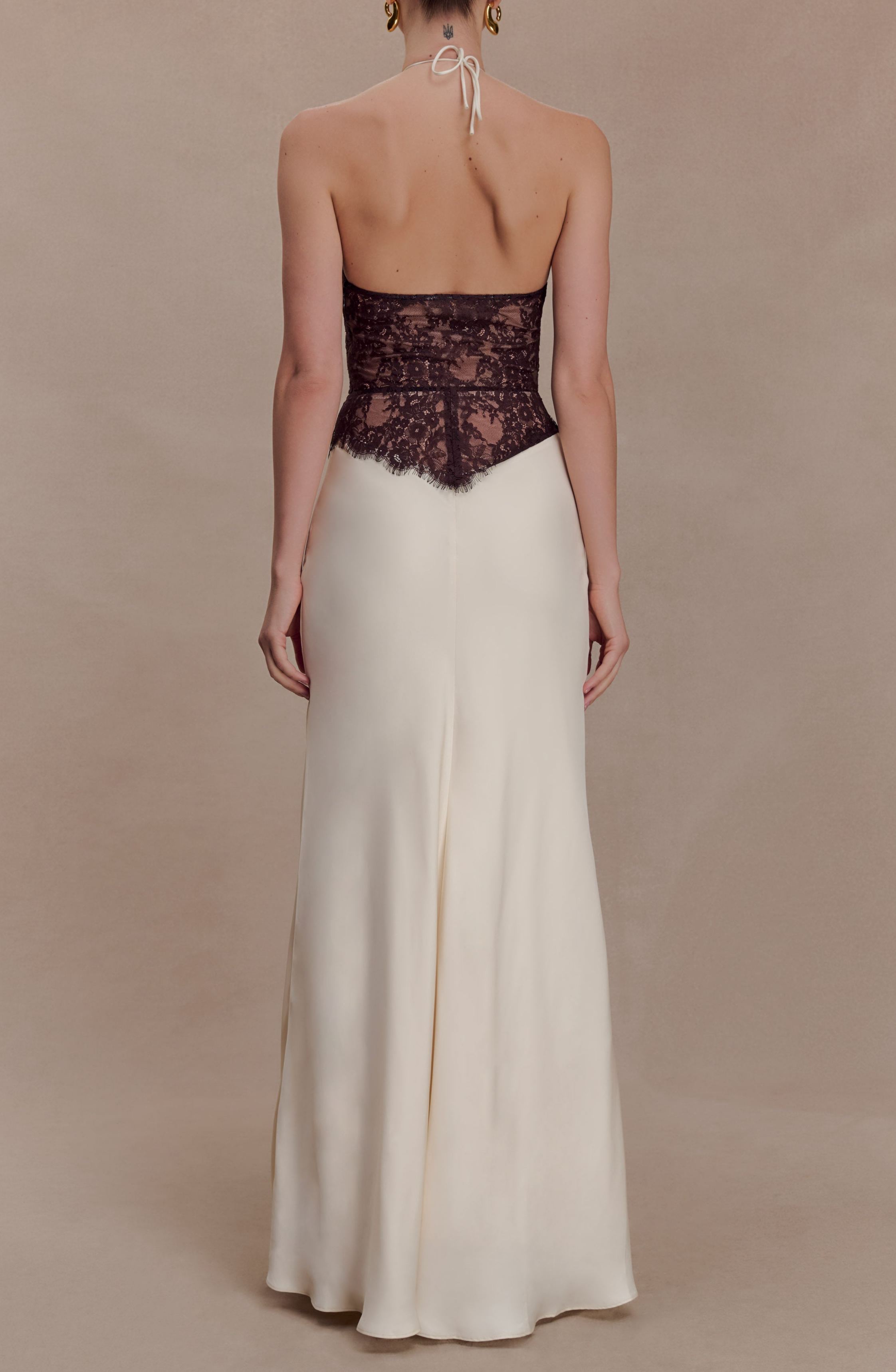 Bartholomaios Lace And Satin Halter Maxi Dress - Ivory/Chocolate