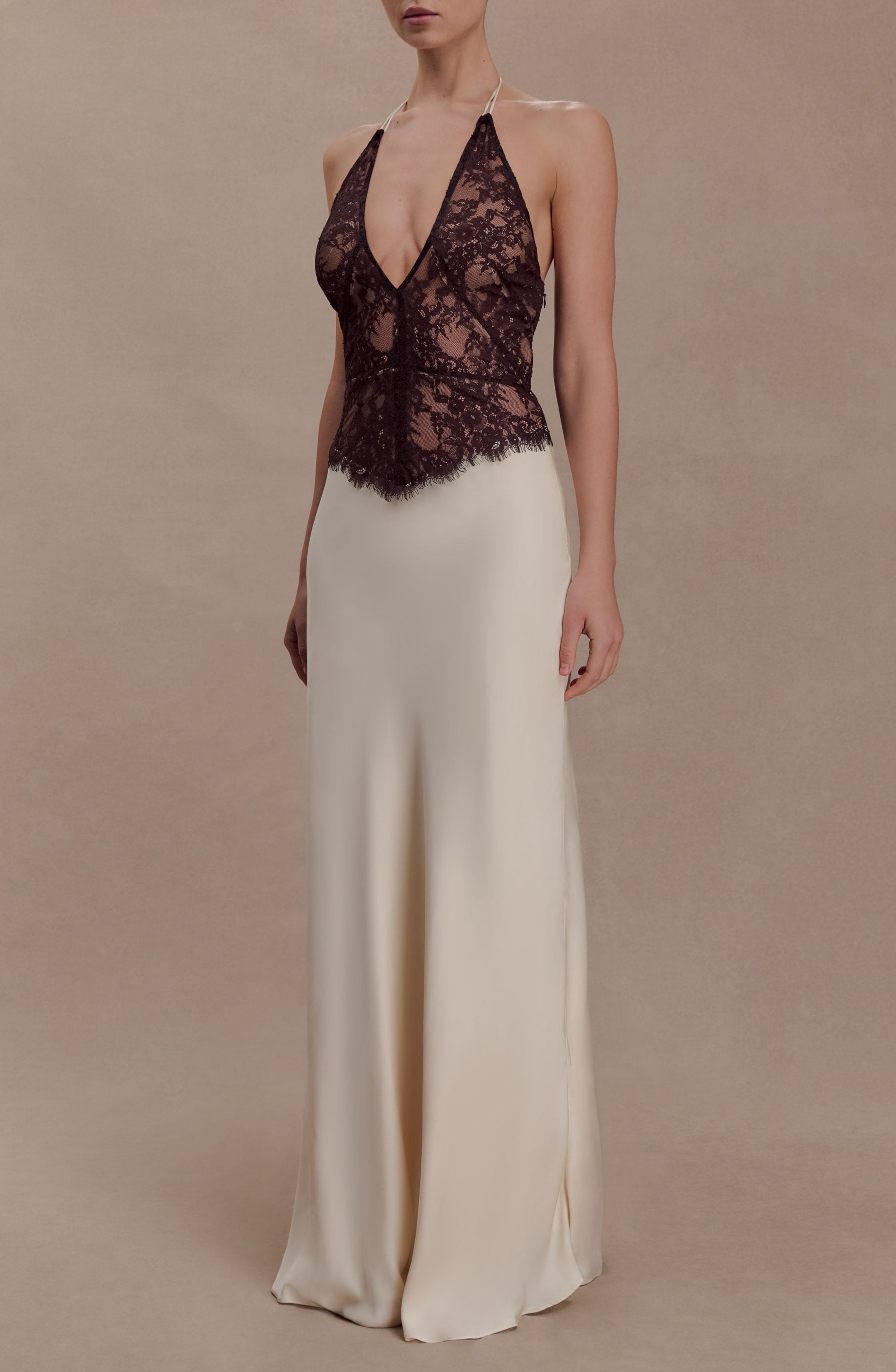 Bartholomaios Lace And Satin Halter Maxi Dress - Ivory/Chocolate