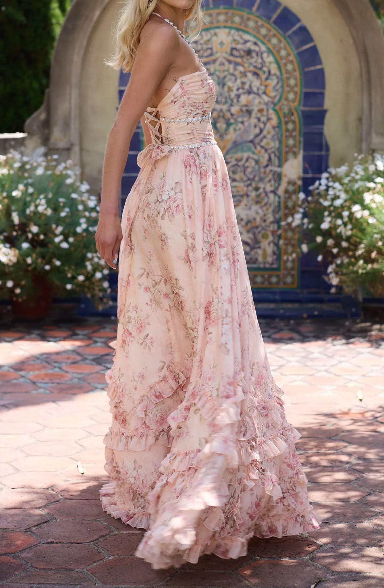 Jersey Plunge Neck Floral Maxi Dress In Pink
