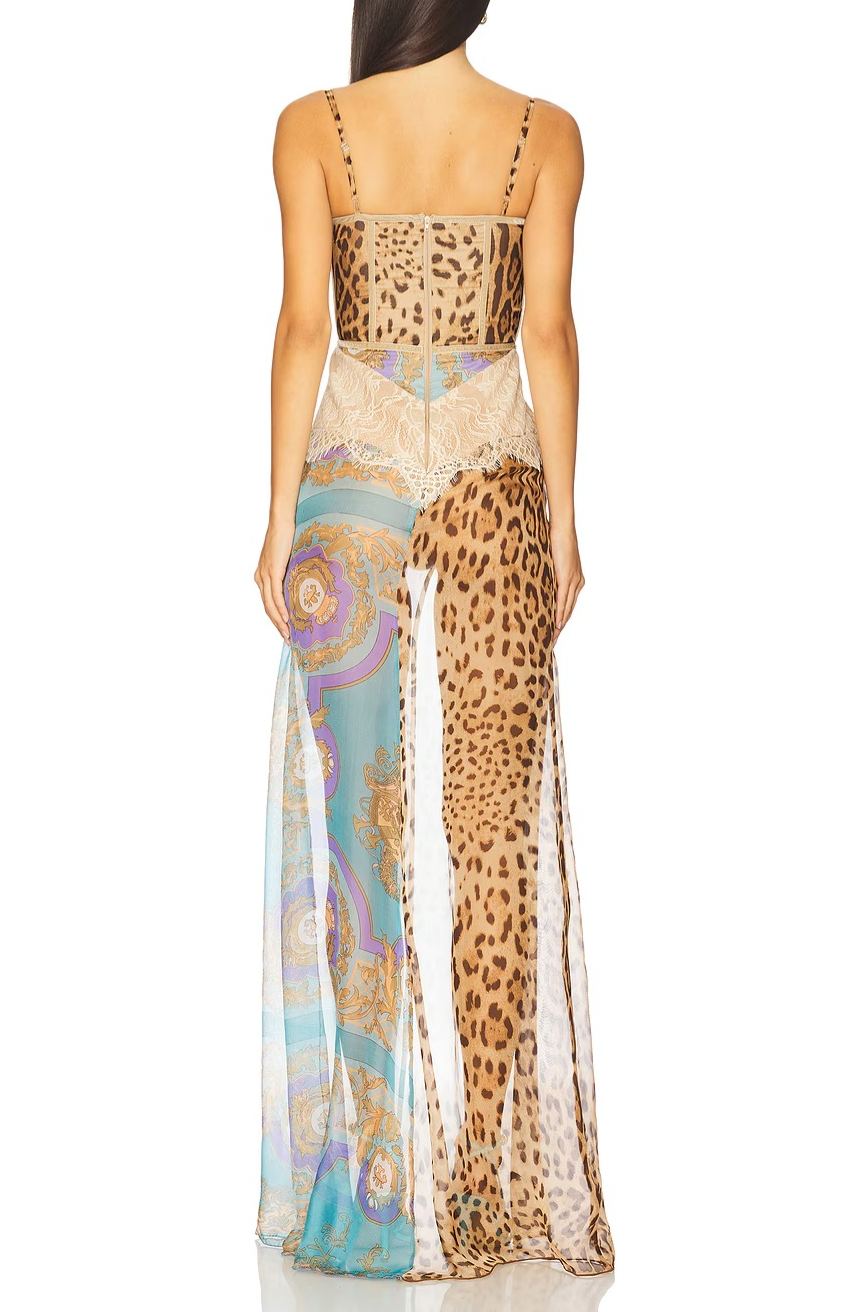 Pameniozo Splicing Lace Split Leopard Print Maxi Dress