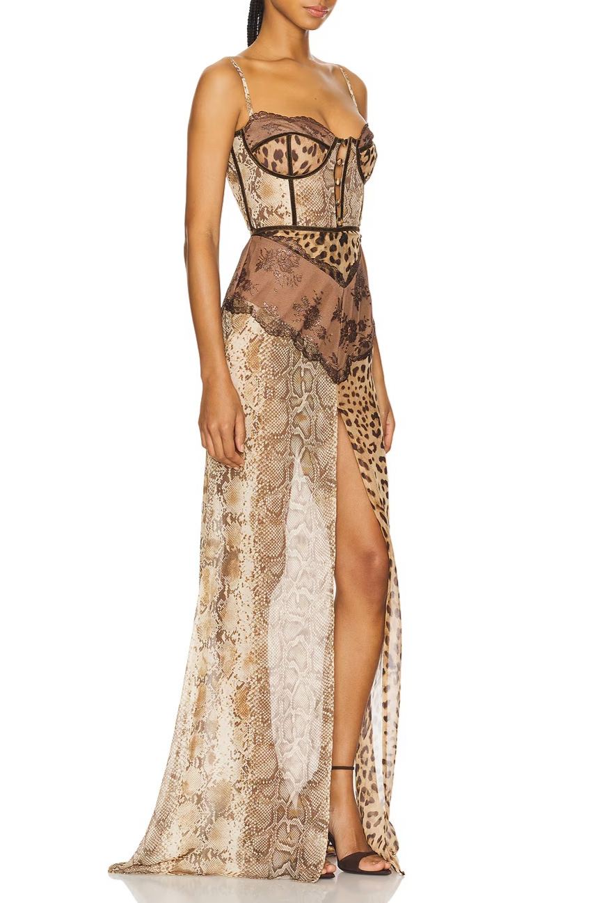 Buleycosmo Splicing Lace Split Leopard Print Maxi Dress