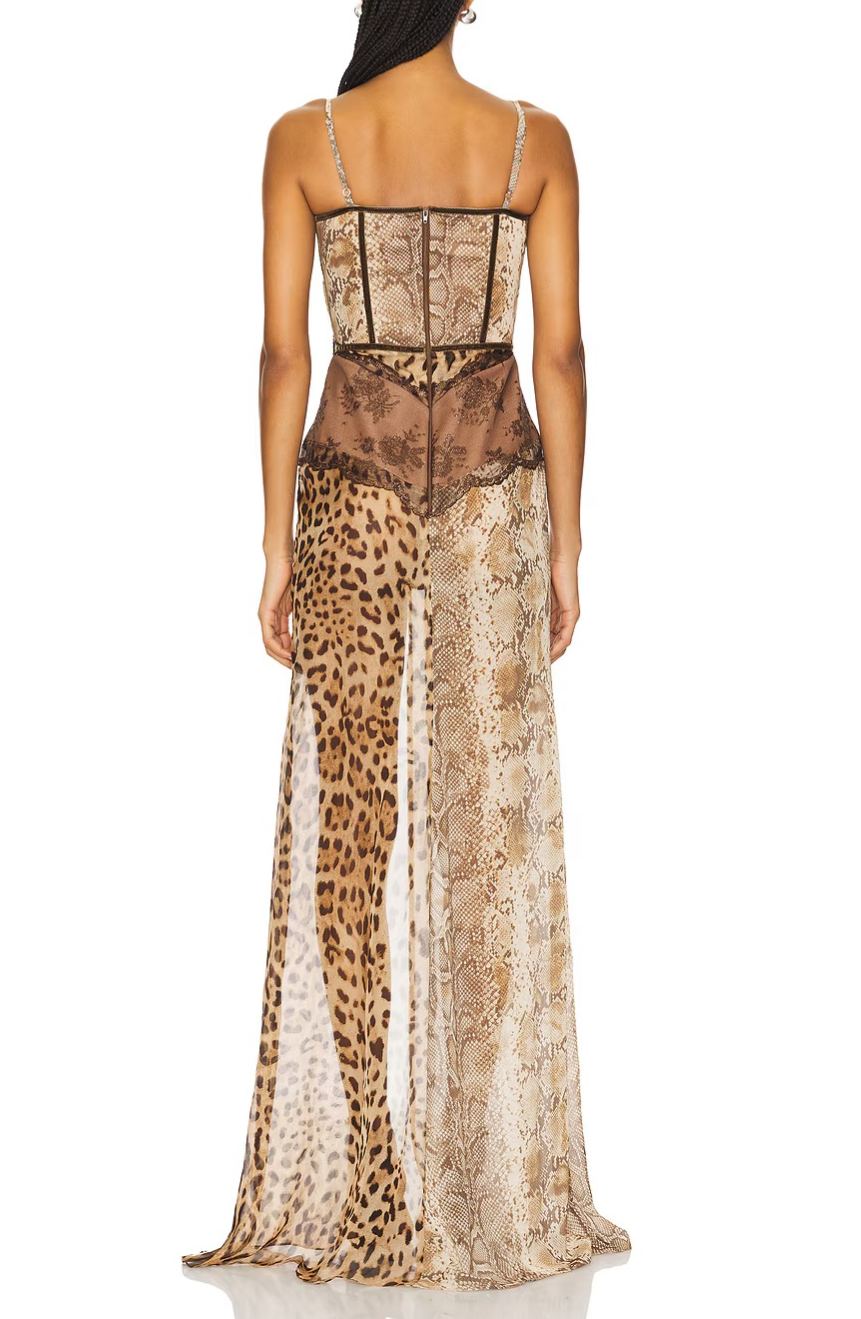 Buleycosmo Splicing Lace Split Leopard Print Maxi Dress