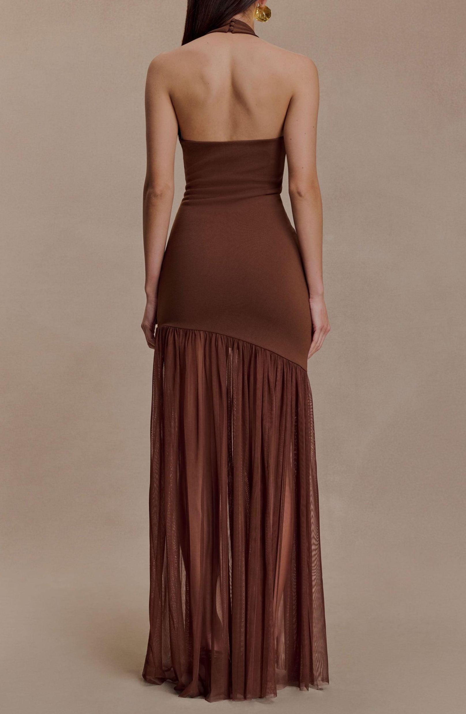 Fentho Jersey Splicing Mesh Halter Neck Cut-Out Maxi Dress
