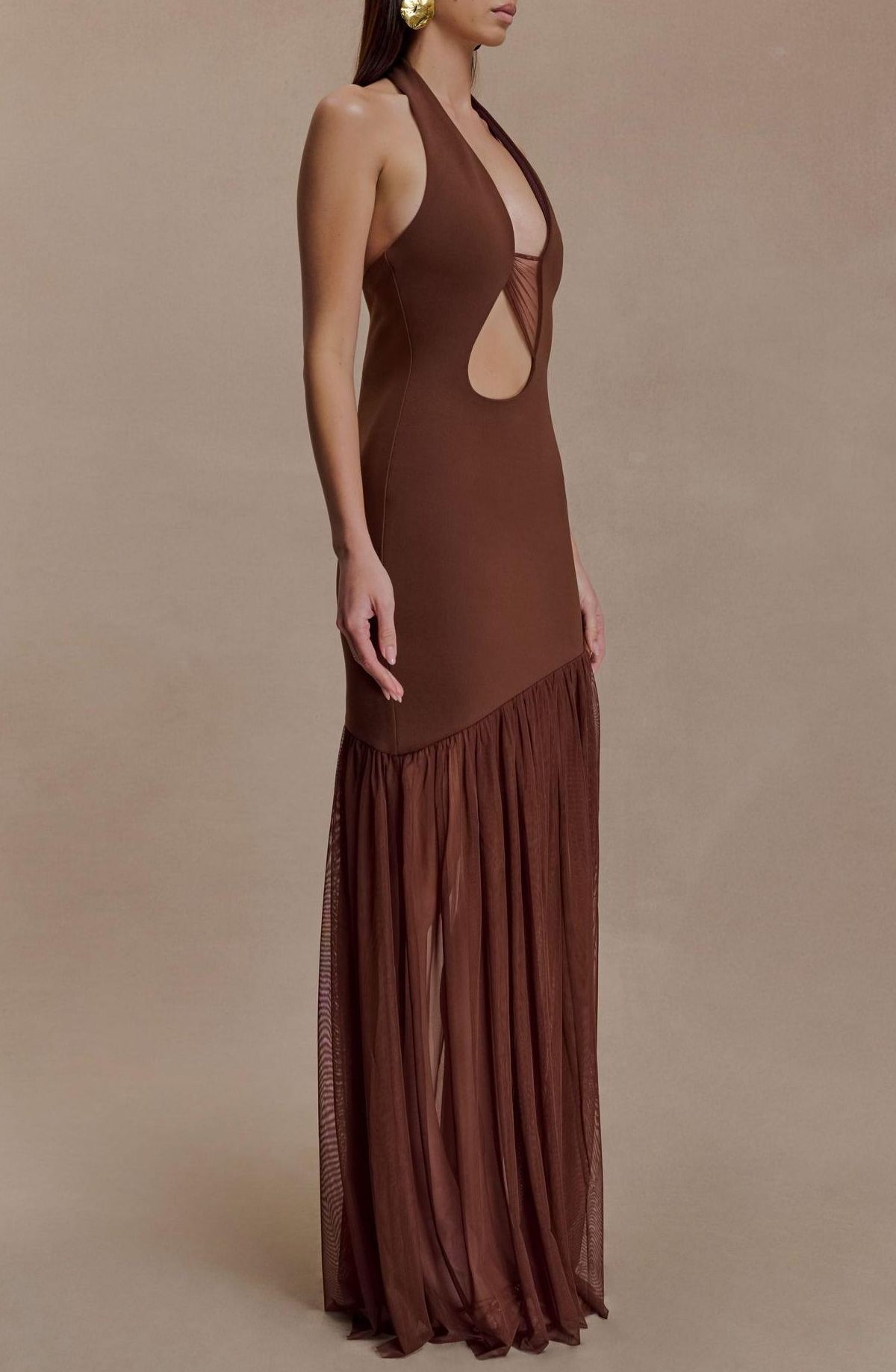 Fentho Jersey Splicing Mesh Halter Neck Cut-Out Maxi Dress