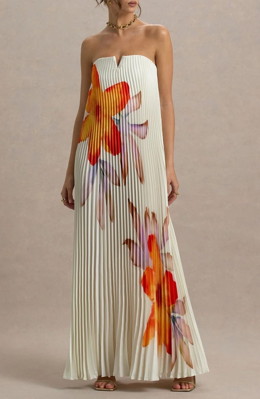 Drevia Strapless Floral Pleated Maxi Dress