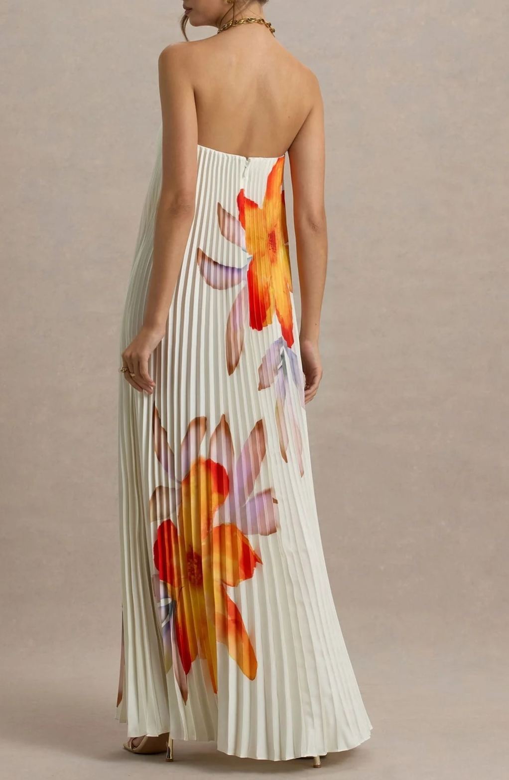 Drevia Strapless Floral Pleated Maxi Dress