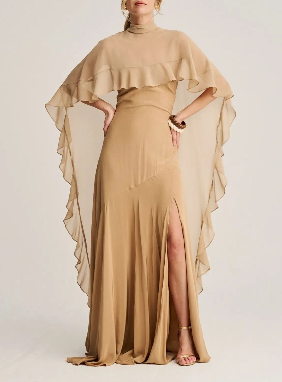 Voidsphere Champagne Satin Top & Skirt Set With Cape Detail