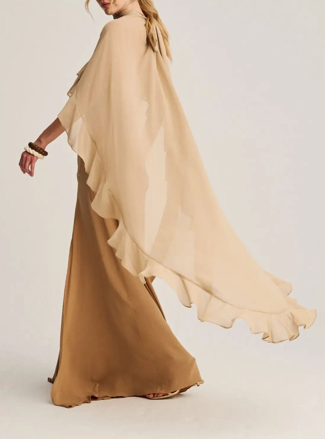 Voidsphere Champagne Satin Top & Skirt Set With Cape Detail