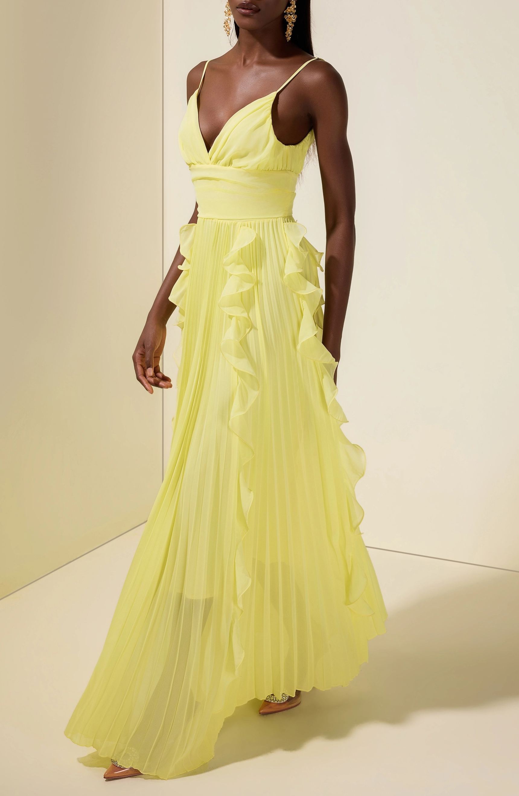 Estelle Yellow Crinkled Ruffled Maxi Dress