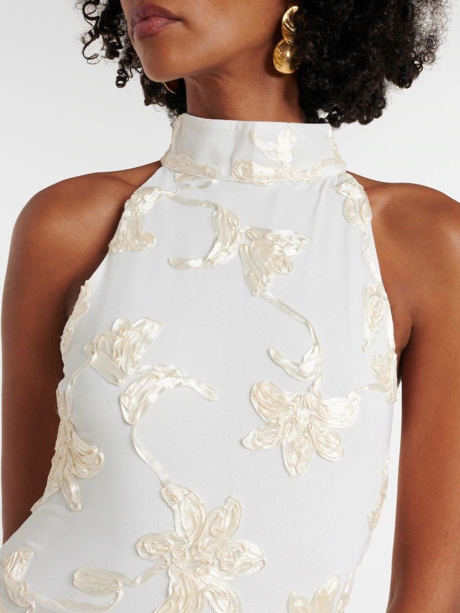 Thesxos Neutral Asymmetrical Ruffled Floral Midi Dress
