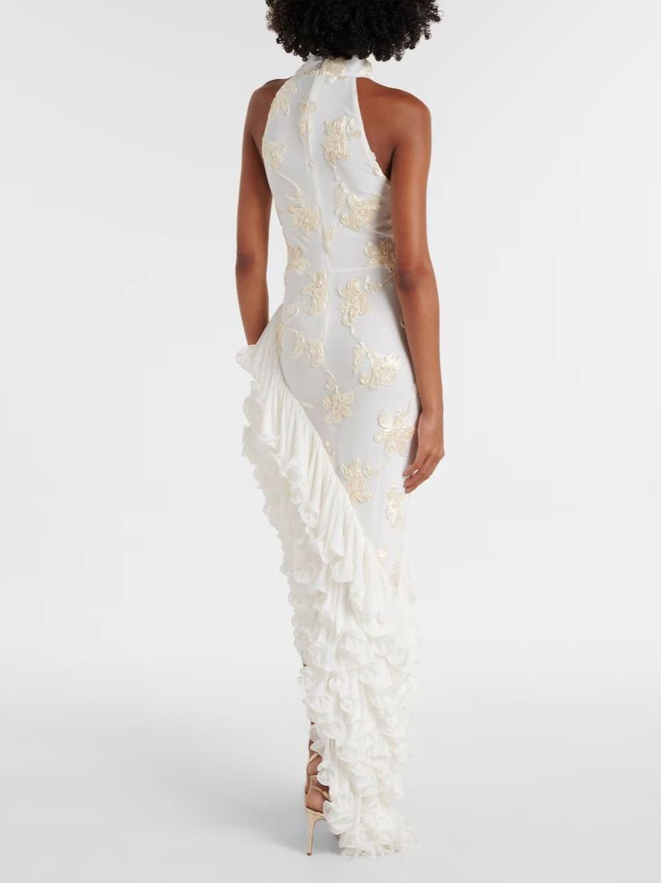 Thesxos Neutral Asymmetrical Ruffled Floral Midi Dress