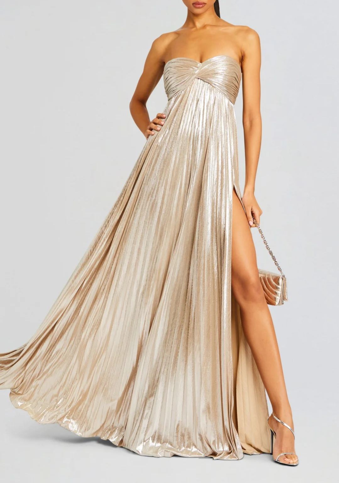 Everleigh Strapless Pleated Metallic Maxi Dress In Beige