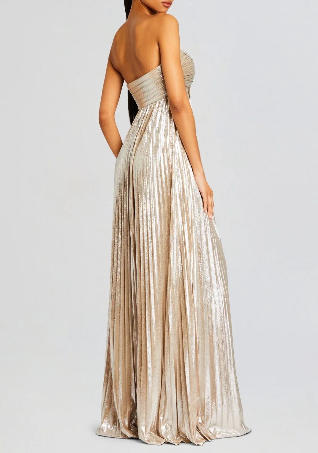 Everleigh Strapless Pleated Metallic Maxi Dress In Beige