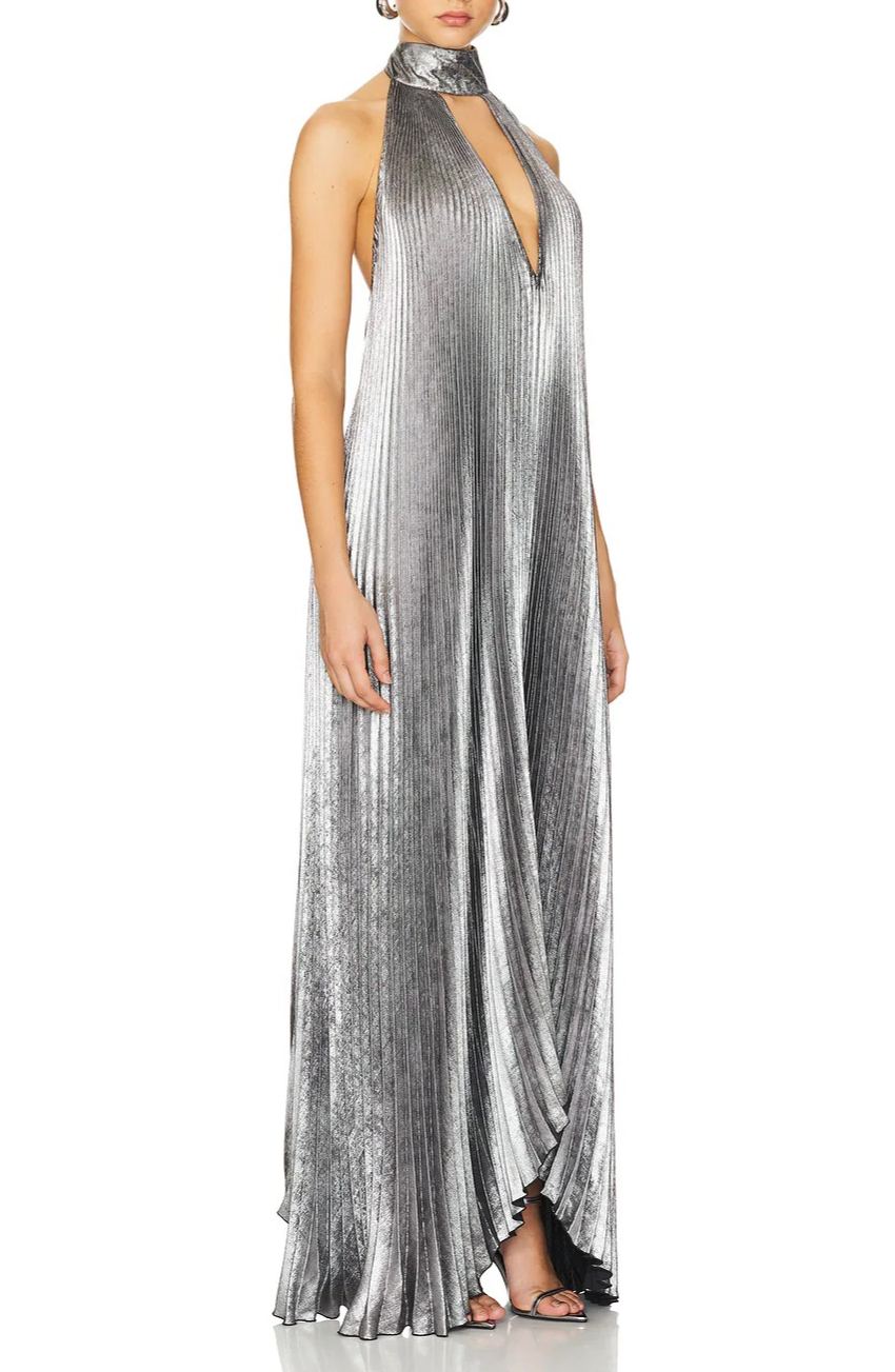 Wylith Backless Metallic Pleated Maxi Dress
