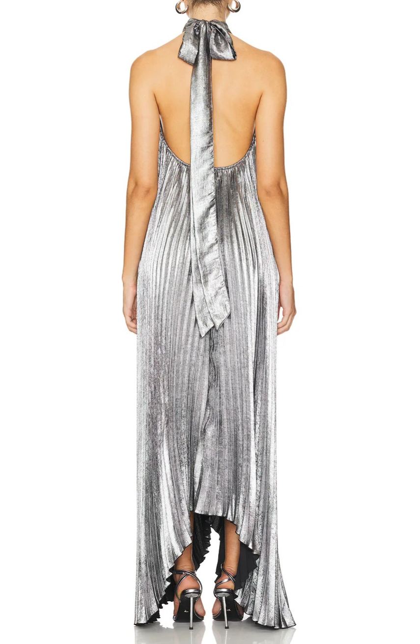 Wylith Backless Metallic Pleated Maxi Dress
