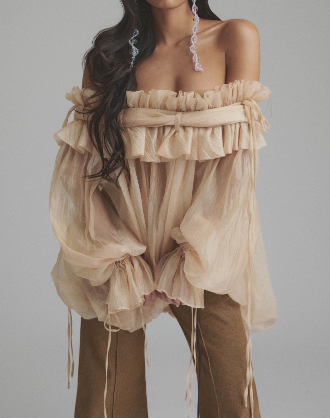 Firox Off Shoulder Mesh Ruffle Top