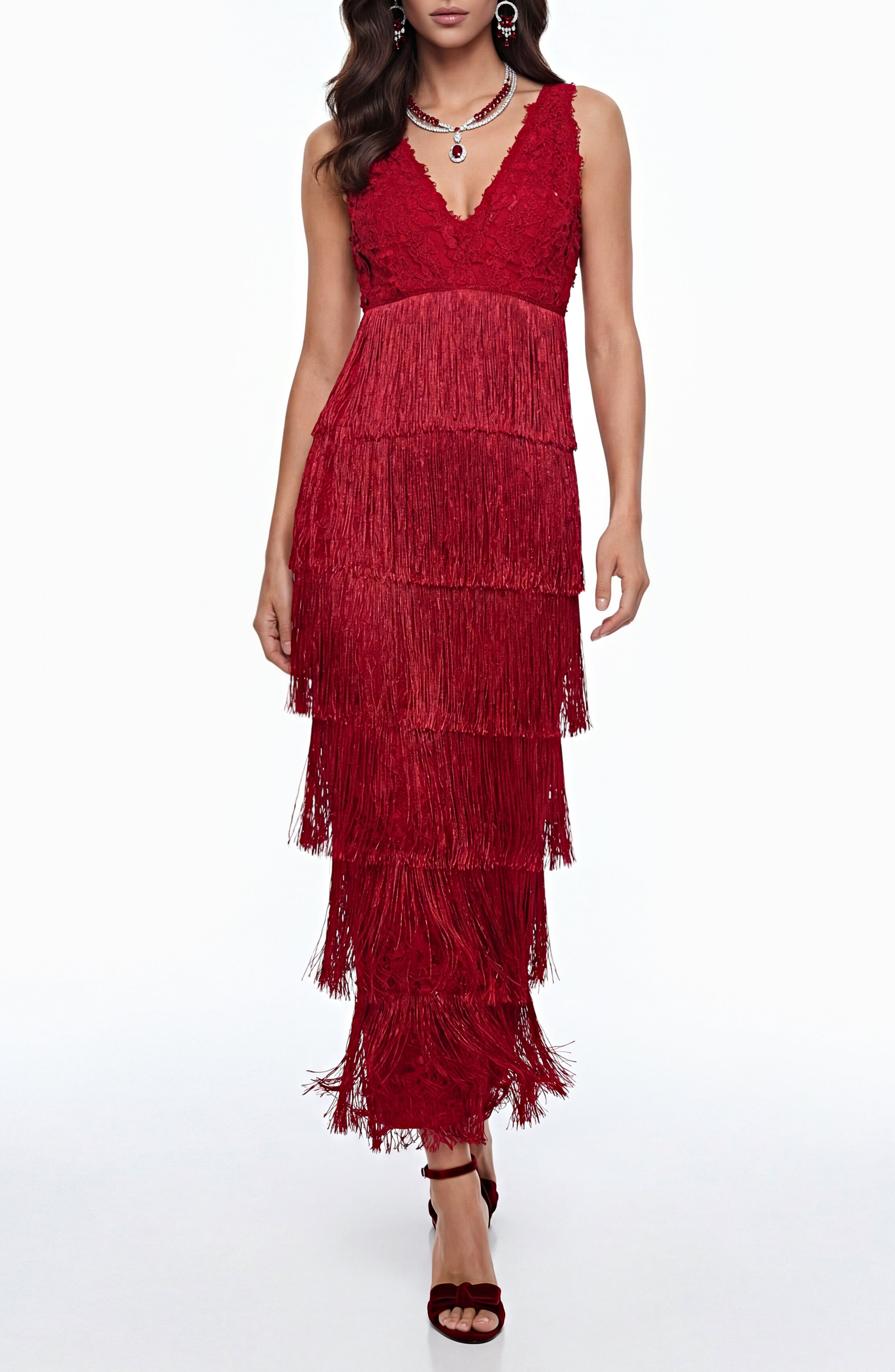 Nanila Red Sleeveless Lace Maxi Dress