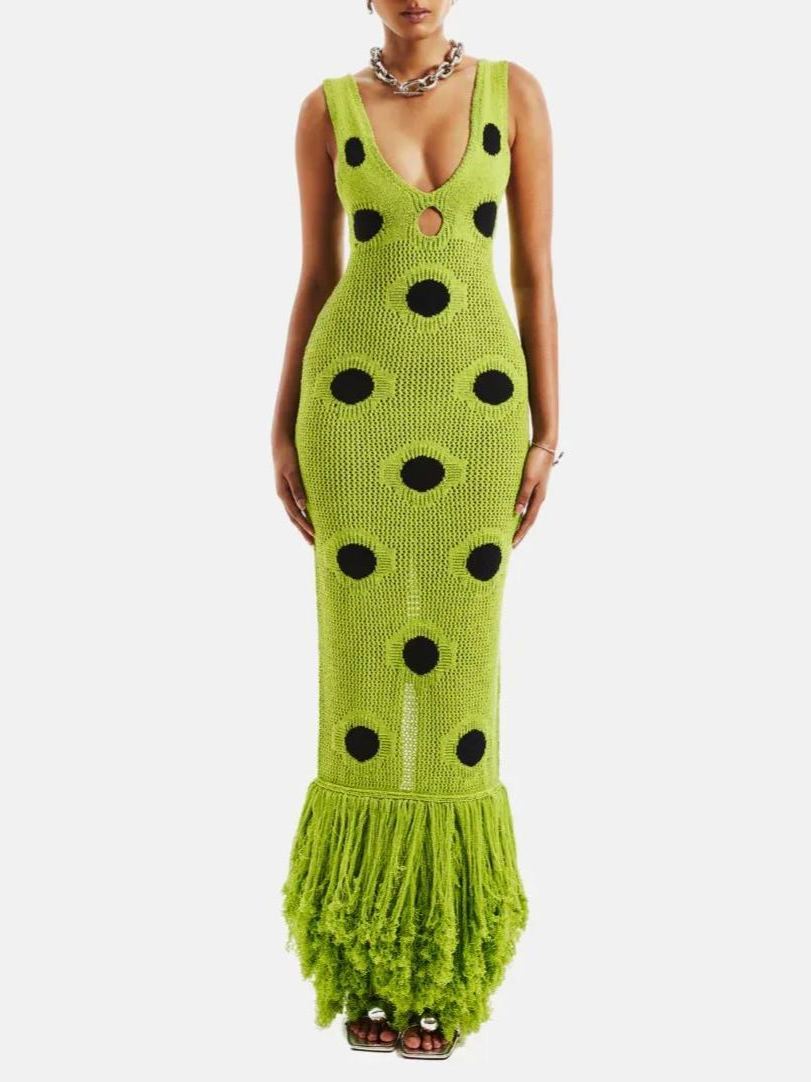 Lloyd Fringe Knit Maxi Dress In Chartreuse