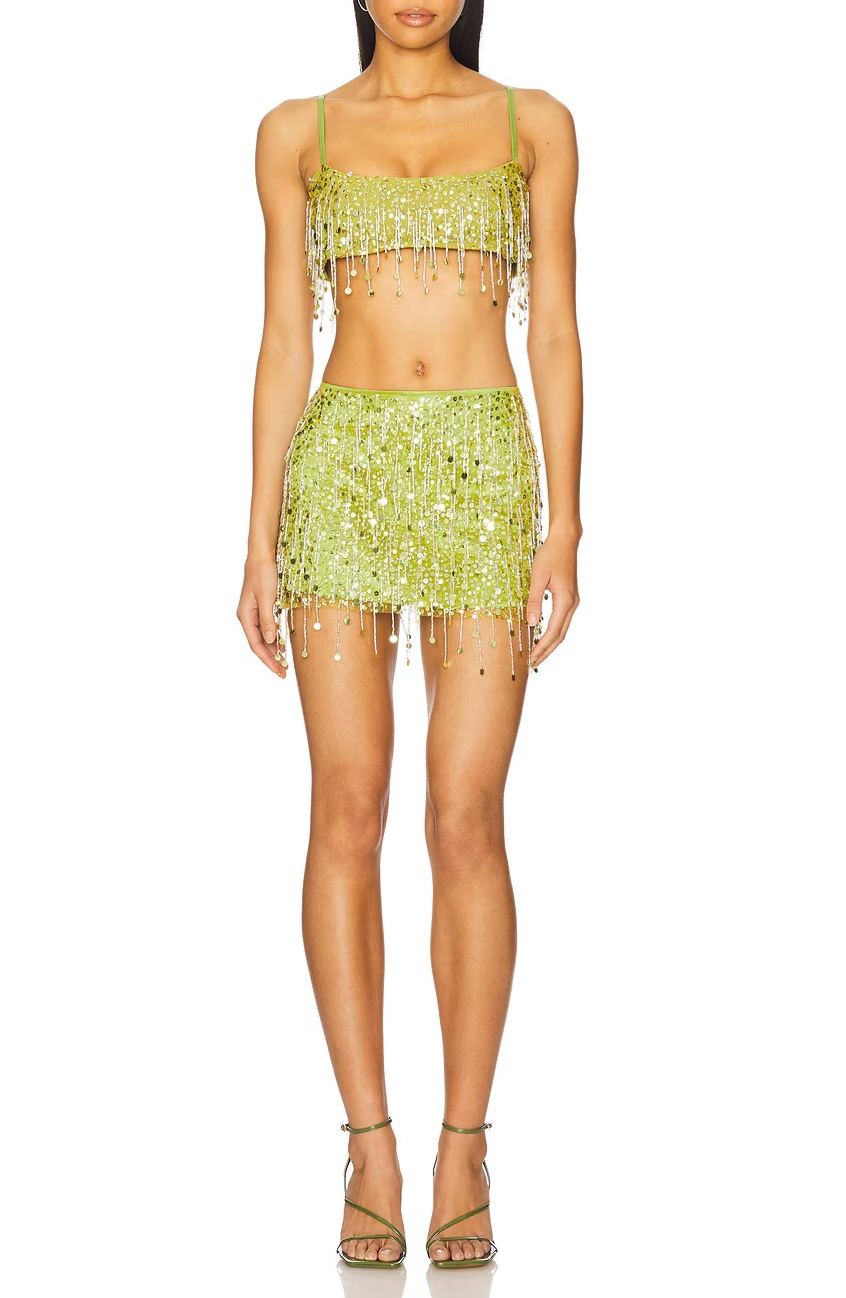 Christen Crystal Chain Fringe Split Skirt Set In Green