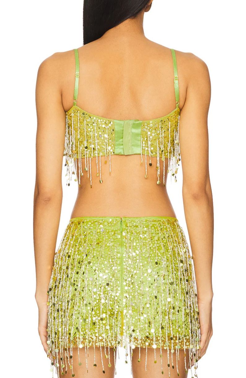 Christen Crystal Chain Fringe Split Skirt Set In Green