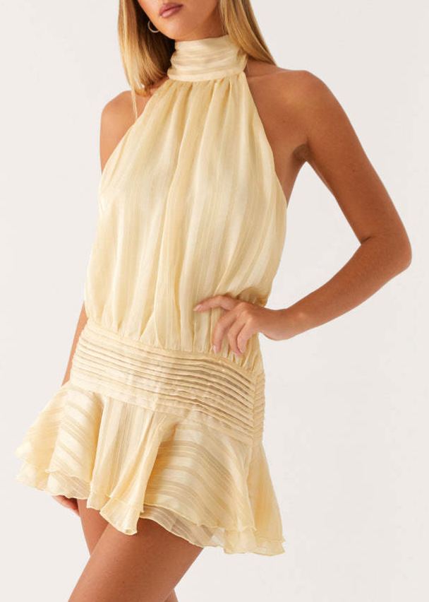 Ginevra Yellow Halterneck Pleated Chiffon Mini Dress