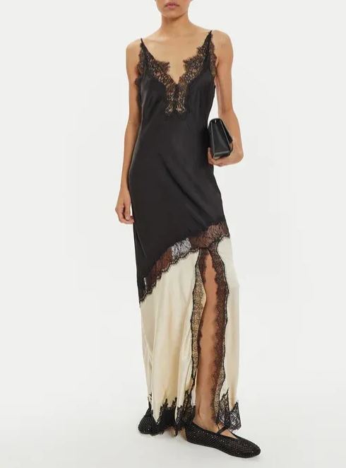 Idalia Black V-neck Lace Trim Panelled Slit Maxi Dress