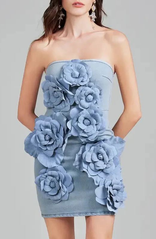 Avalon Strapless Flower Denim Mini Dress