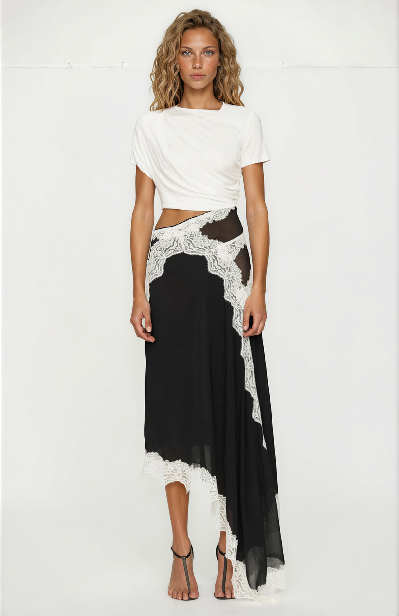 Fouzia Asymmetric Lace Satin Maxi Dress In Black