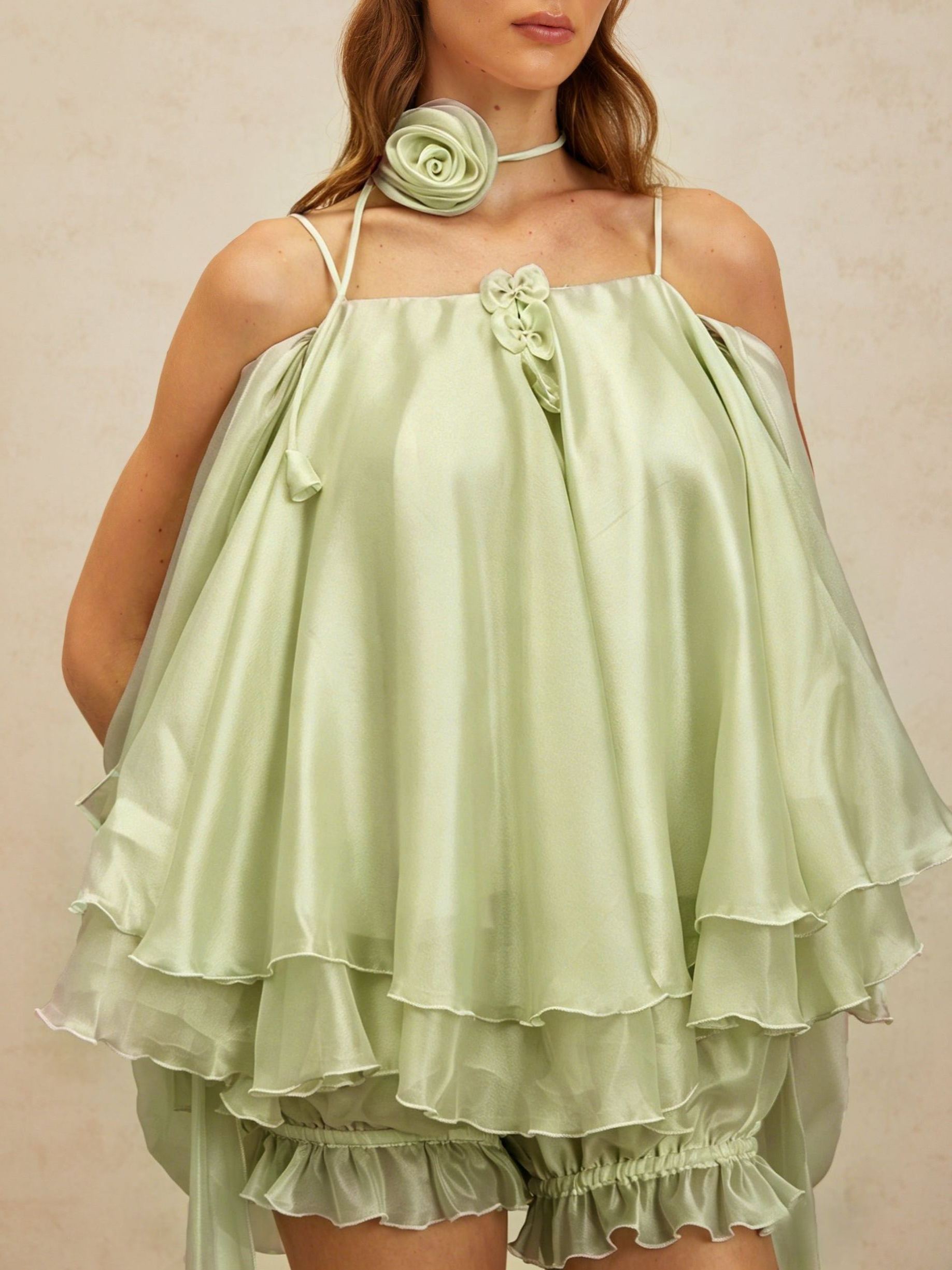 Giosetta Green 3D Petal Tulle Top & Shorts Set