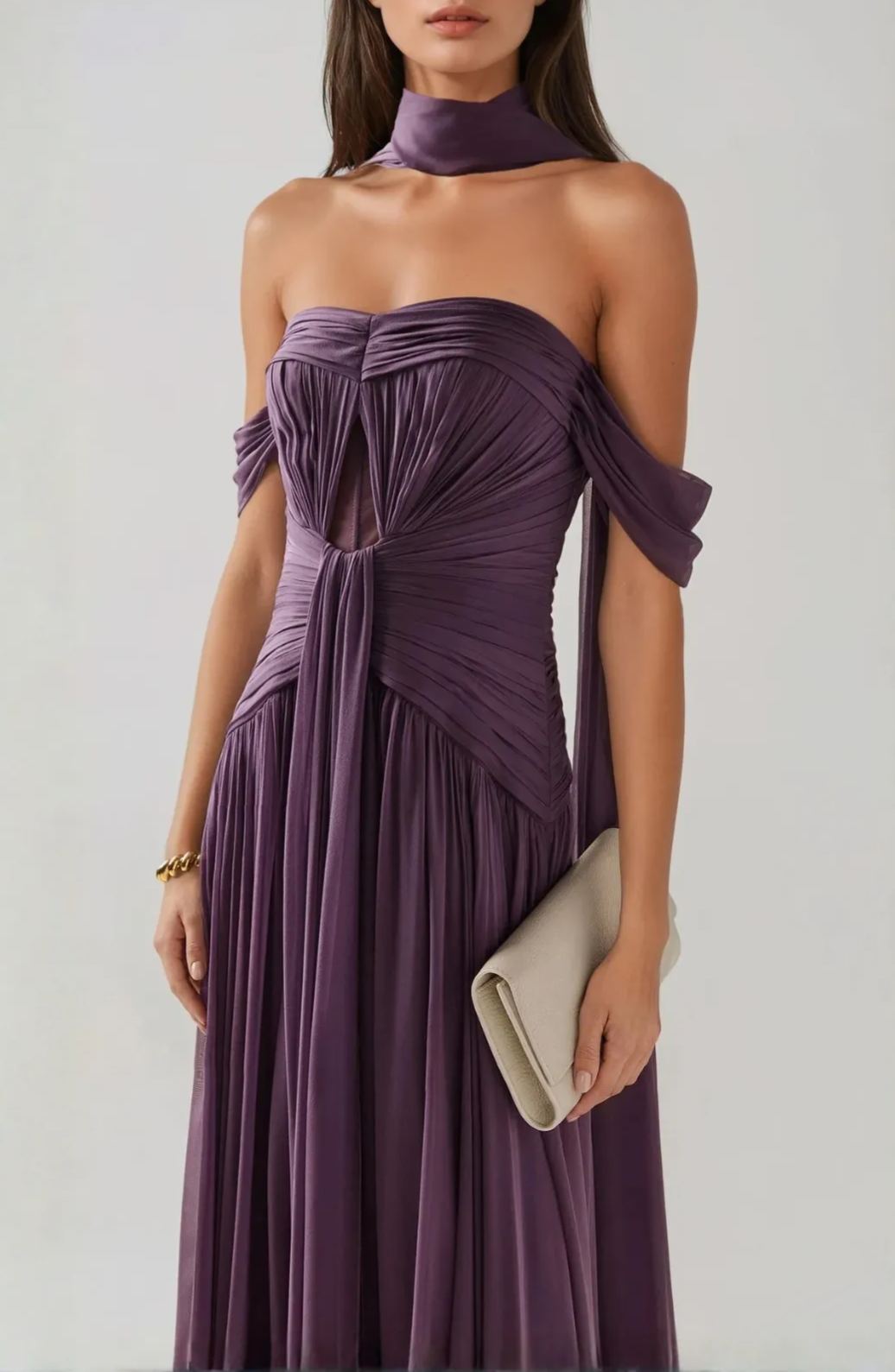 Amélie Off Shoulder Ruch Scarf Maxi Dress In Purple