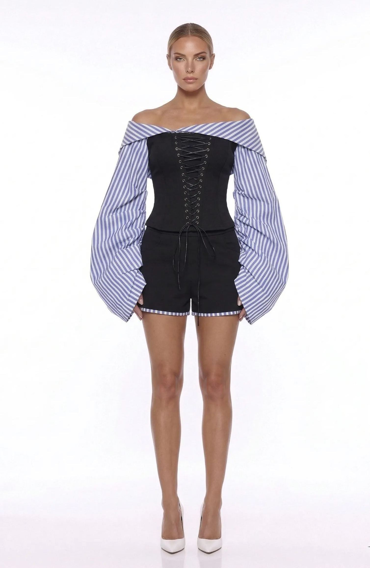 Waters Black Stripe Panel Blouse & Shorts Set