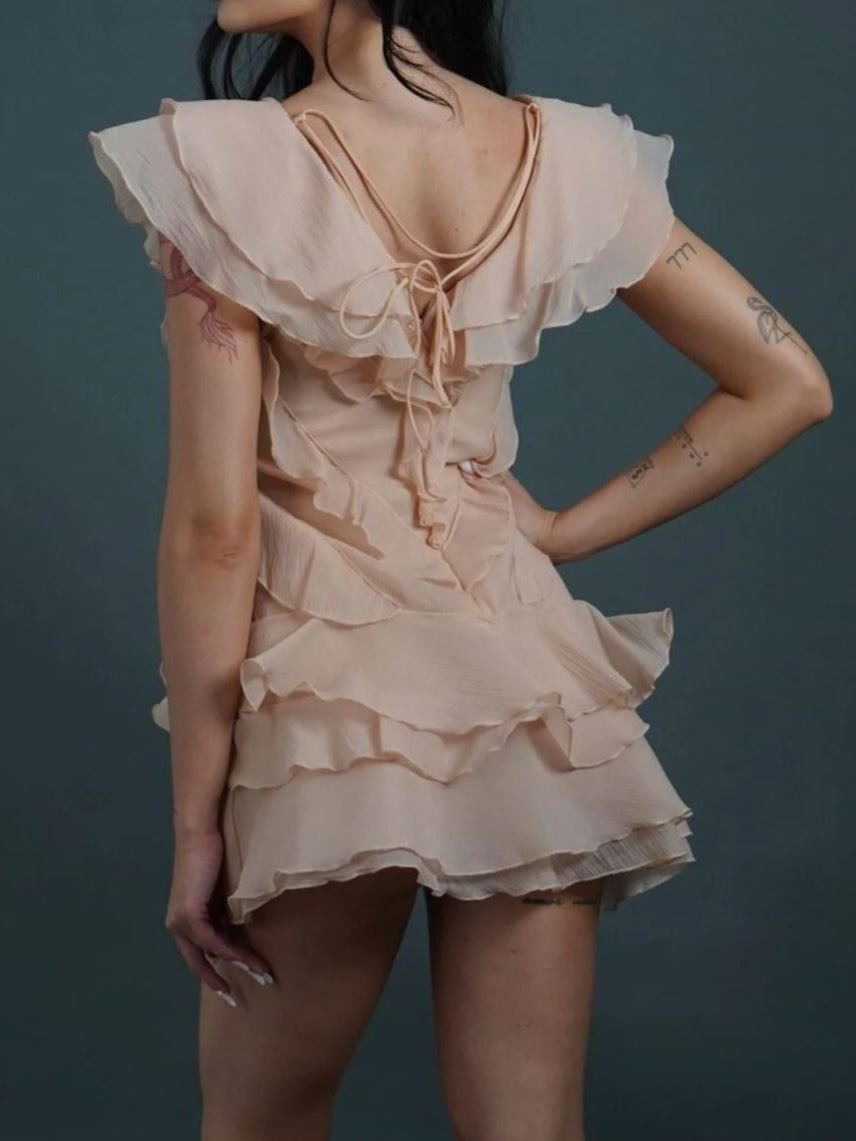 Pandora V Neck Ruffle Mini Dress In Pink