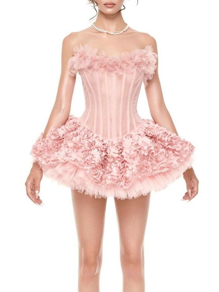 Fionnan Strapless Flower Mini Dress In Pink