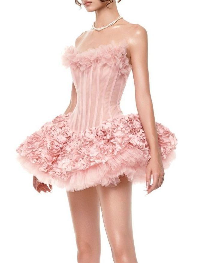 Fionnan Strapless Flower Mini Dress In Pink