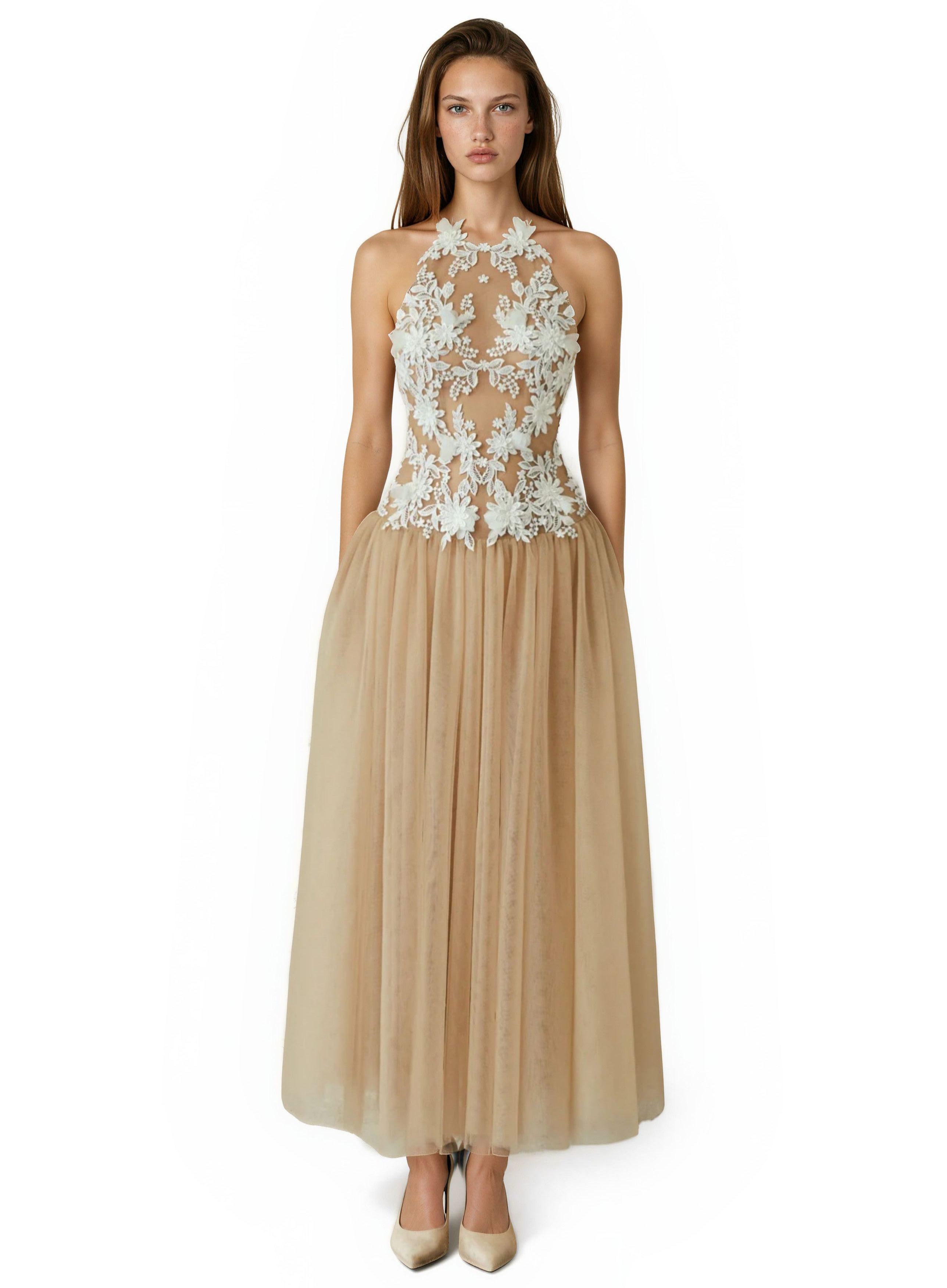 Deirdre Sleeveless Flower Mesh Maxi Dress
