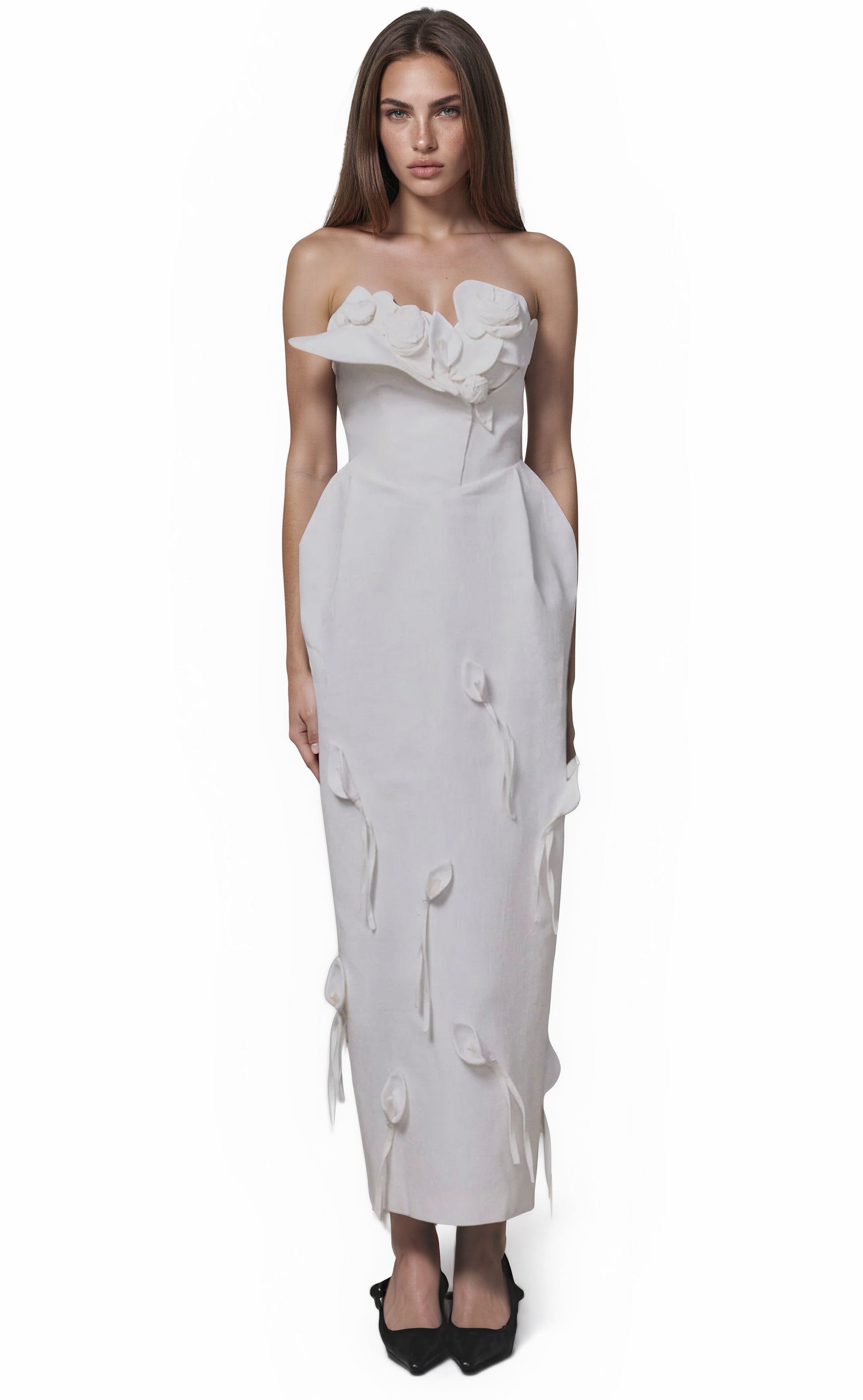 Bolaxo White Maxi Dress with 3D Petals