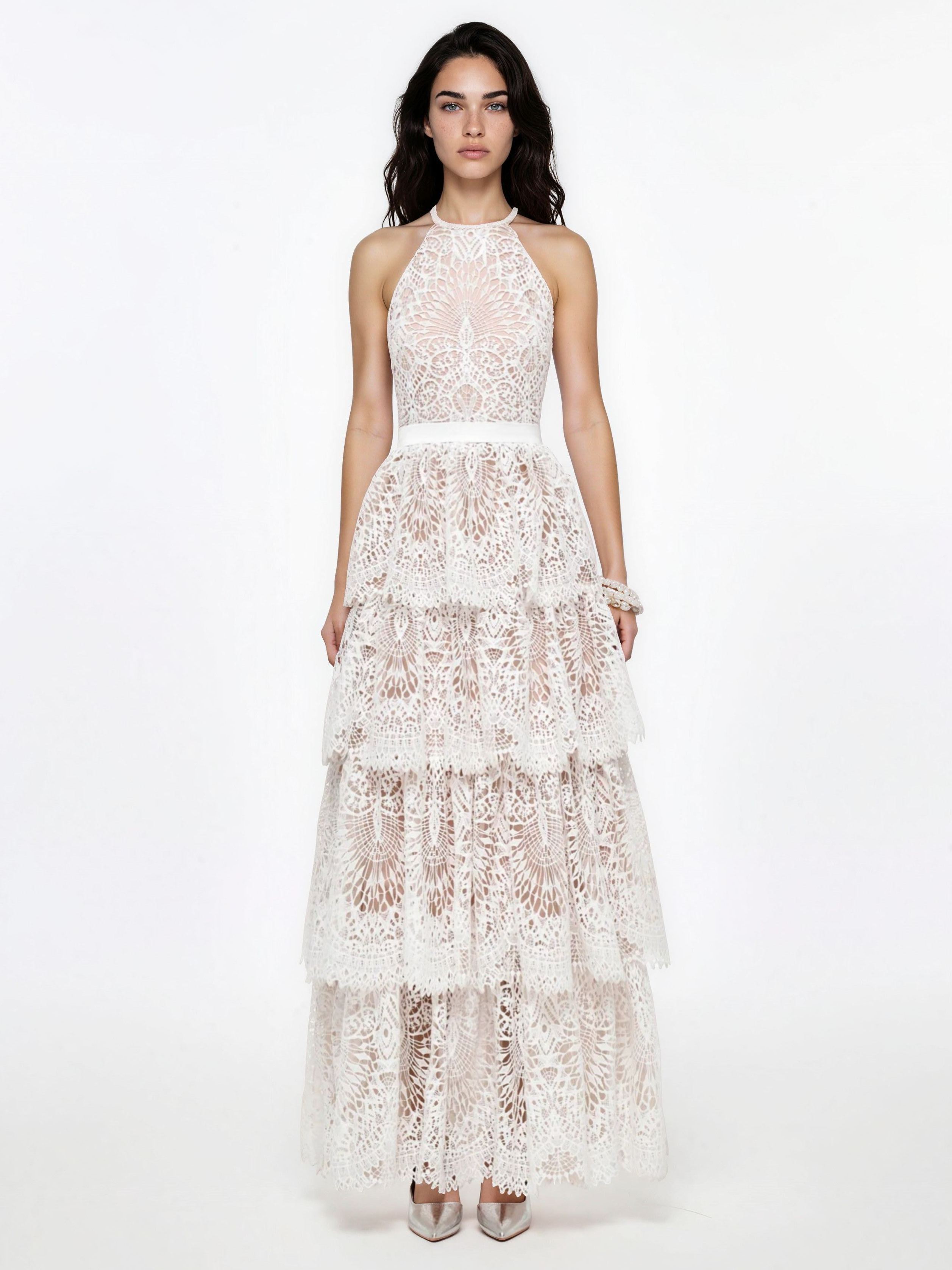 Irènie White Halterneck Lace Maxi Dress