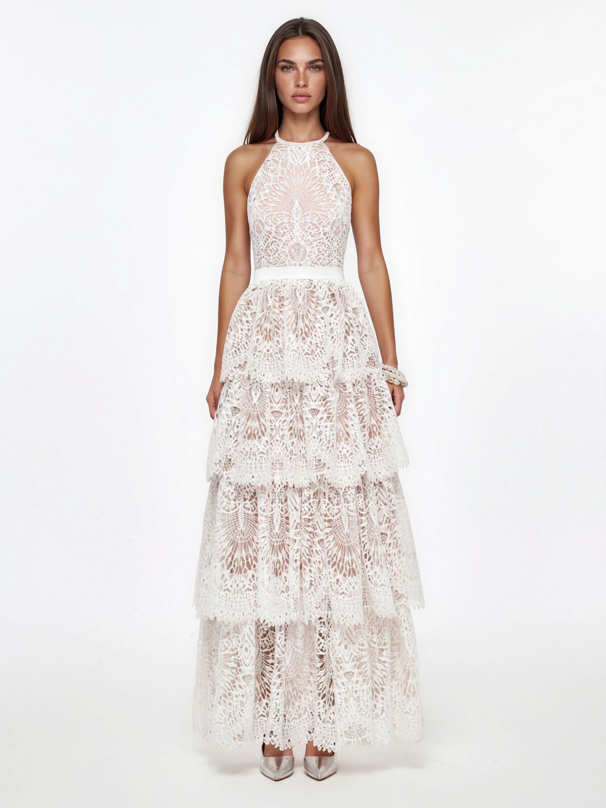 Irènie White Halterneck Lace Maxi Dress