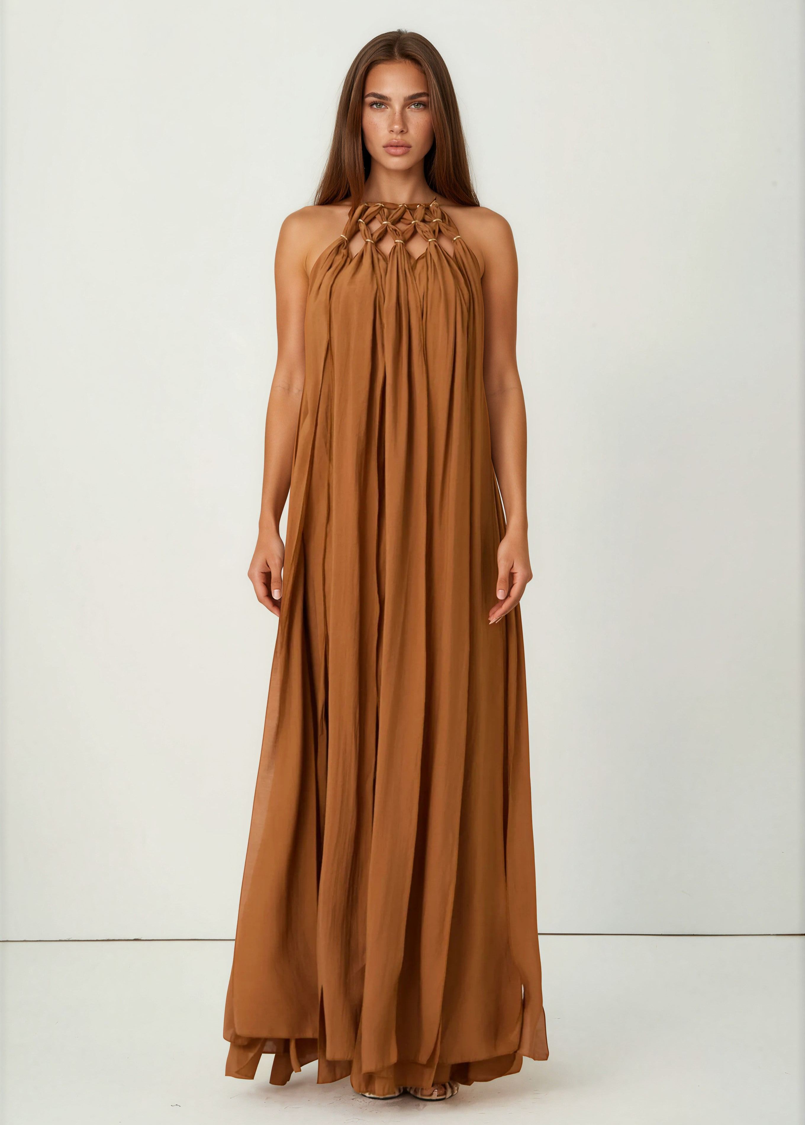 Ninomo Style Unlocked Brown Knotted Draped Maxi Dress